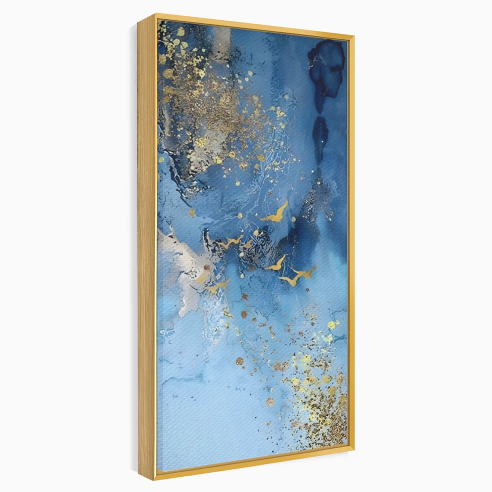 Tablou canvas cu tablou abstract cu pasari aurii, in rama de aluminiu auriu